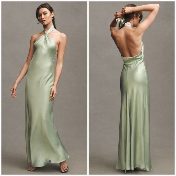 Anthro BHLDN Selma Halter-Neck High Shine Satin Maxi Dress M - Picture 1 of 8